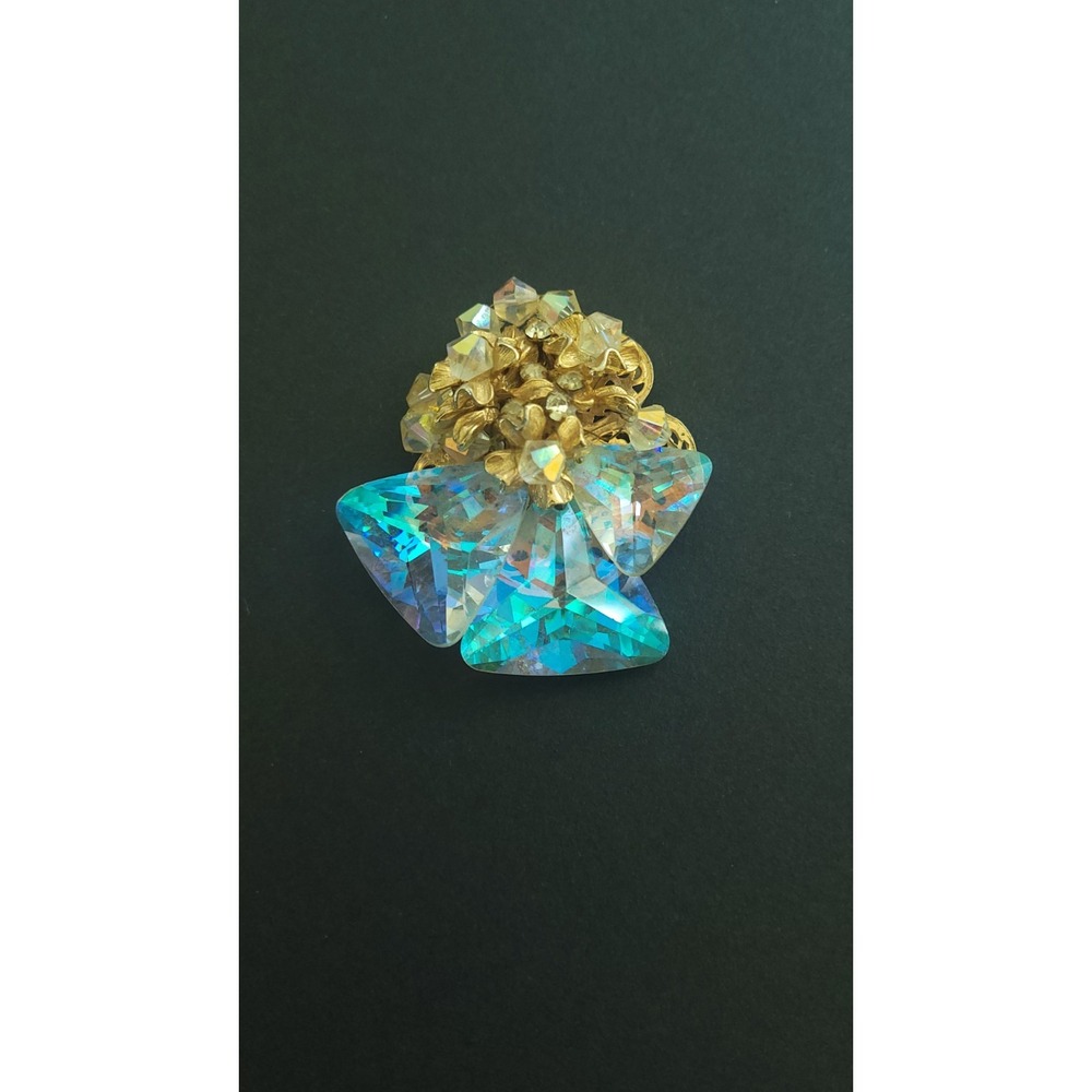 Vintage Aurora Borealis Crystal Starburst Brooch AB Rhinestone Gold Tone